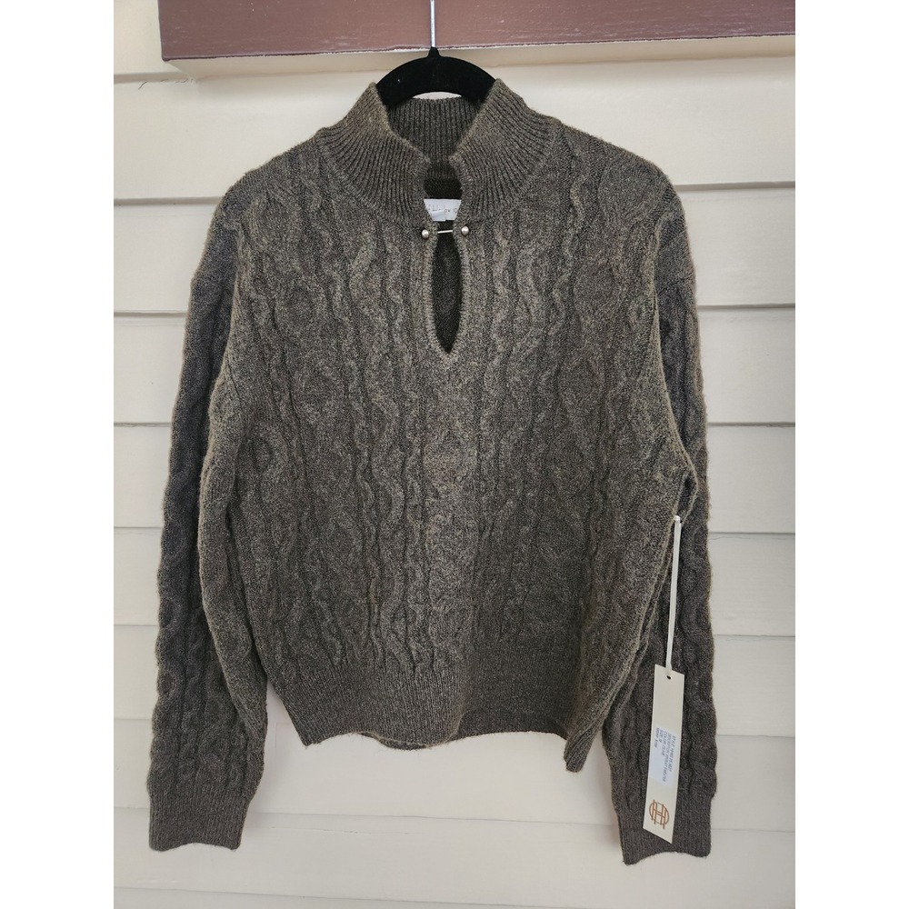 House of Harlow 1960 Winslet Cable Knit Keyhole Mock Neck Sweater Olive Green M